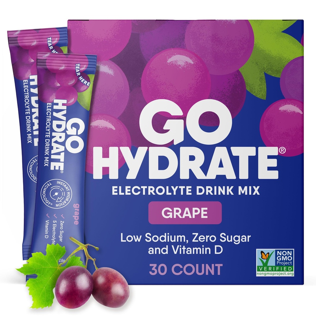 GoHydrate Instant Hydration Powder Pawder - Paket Sodium Rendah Elektrolite Minum Mix - Dukungan Hidration Alam, Sugar Free Electrolite Flavored minum dengan Vitamin D, 30 Packs, Grape