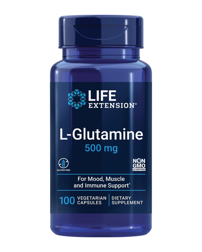 Ekstensi Hidup L- Glutamine, 500 mg L- glutamine, Acid Amino, Support Muscle Health, Gluten- Free, Non- GMO, 100 Vegetarian Capsules