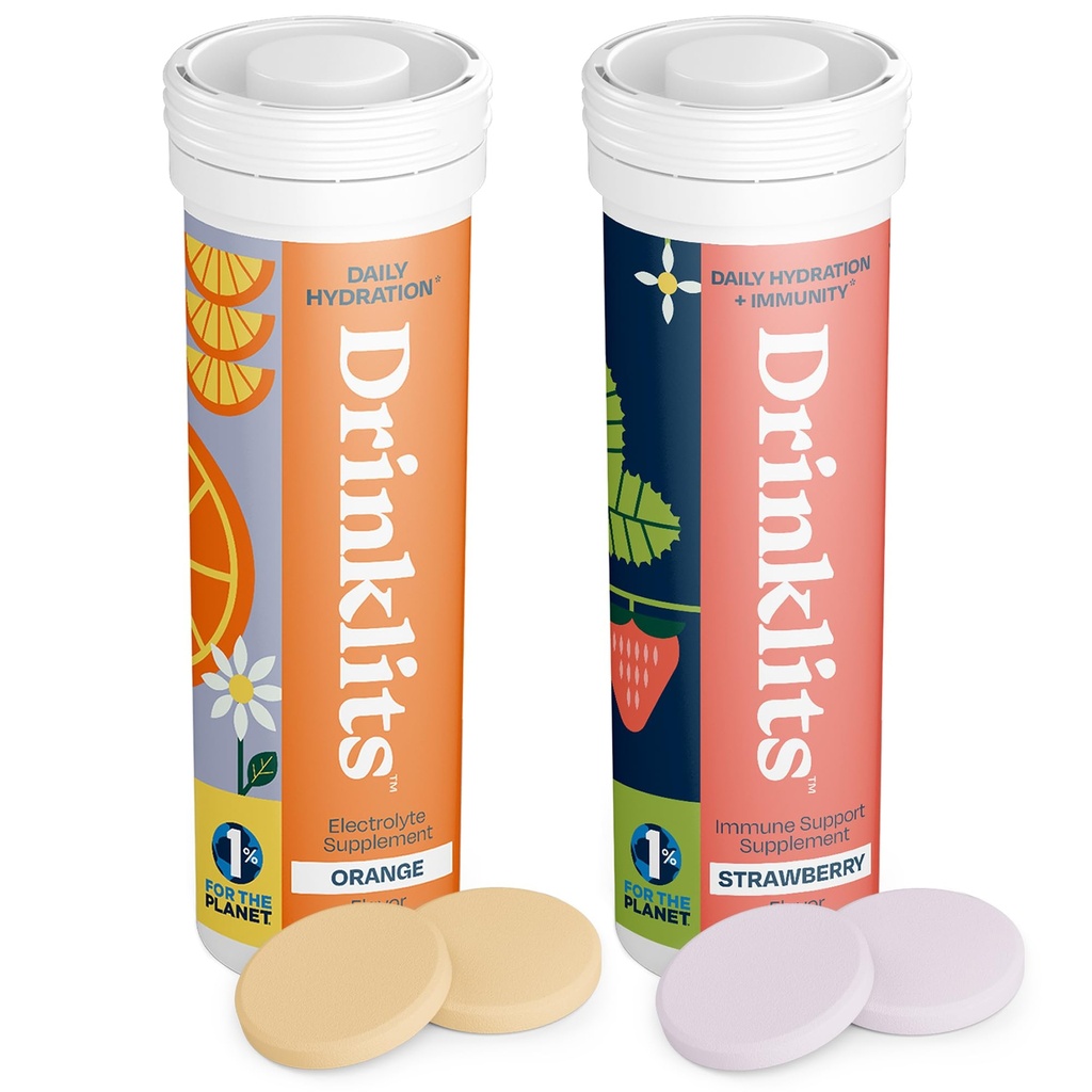 Drinklits Orange Daily Hydration Tablet + Strawberry Imunity Tablet (2) Studi 124; EscalyElectrolytes - Rasa Besar - Imune Dukungan 124; 20 Pelayan (10 Tablet Per Payung)