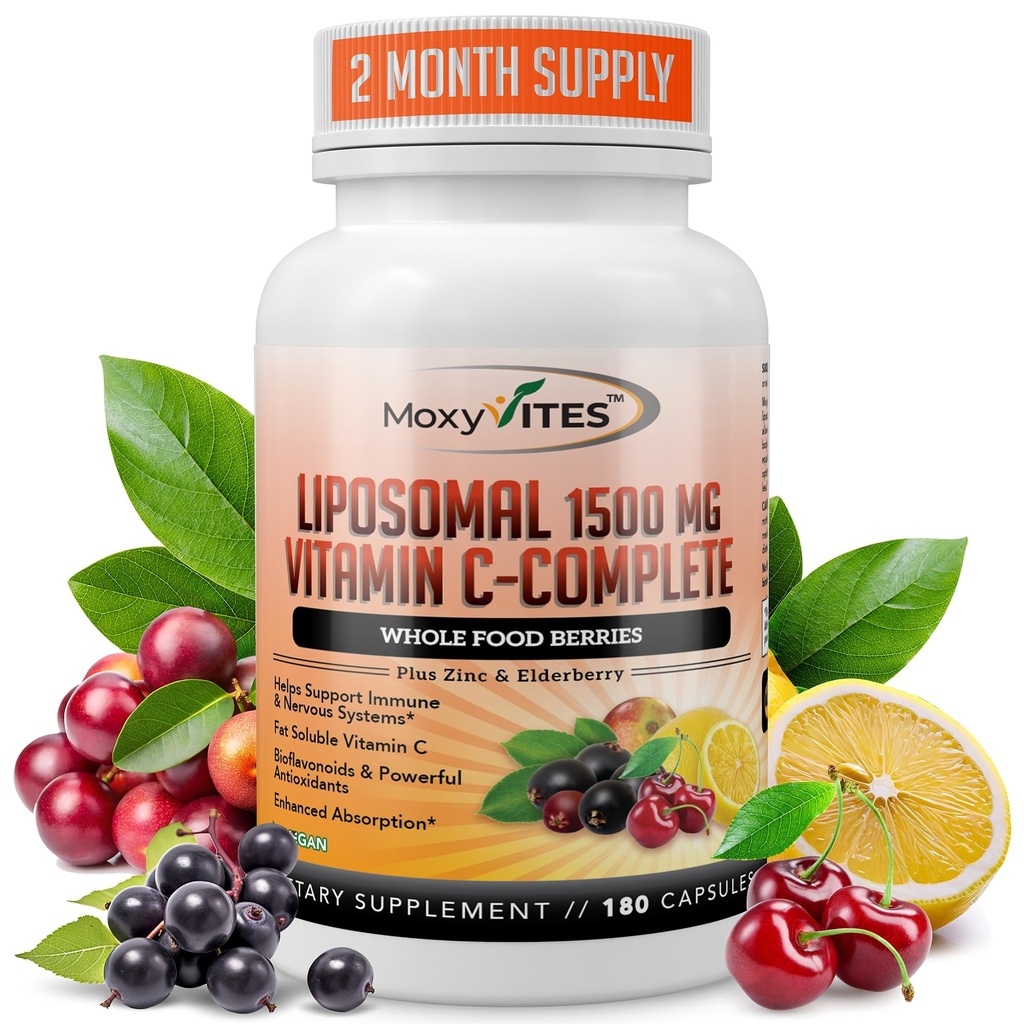 Lipomal Vitamin C dengan Zinc Kapsules - Vit C Organik Elderberry, Amla, Camu Camu- Vitamin C Tinggi Absorpsi, Anti Age, Imune Dukungan, 1500mg / Serving 3 Bulan SupppIed Gluten Gratis NON GMO Veggie Caps