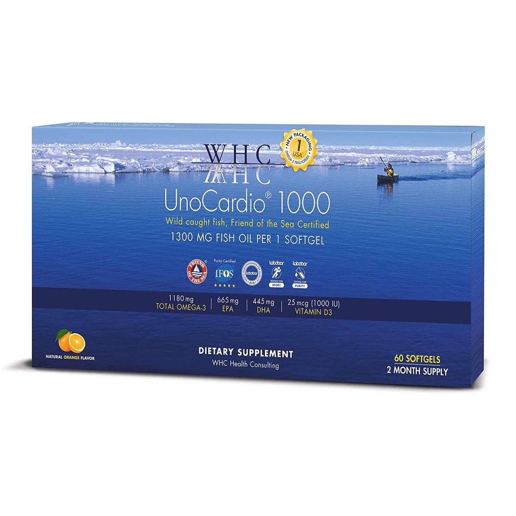 WHC, UnoCardio 1000 Fish Oil, 1300 mg Pure Triglyceride Fish Oil dengan Omega-3 (1180 mg), 665 mg EPA dan 445 mg DHA dan 25 mcg (1000 IU) Vitamin D3 per softgel, Natural Orange, 60 softgel