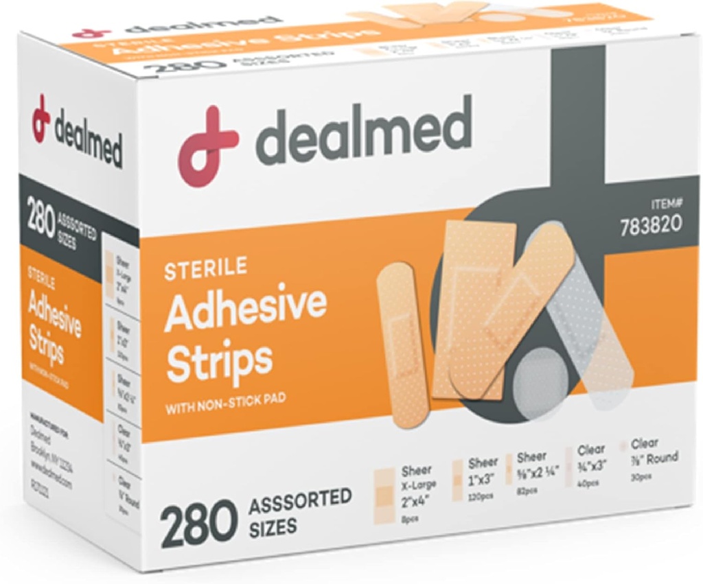 Dealmed Asported Variety Pack Flexible Adhesive Bandages Sterile Bandage Strips with Non-Stick Pad, Latex Free, Wound Care for First Aid Kit (280 Bandages)