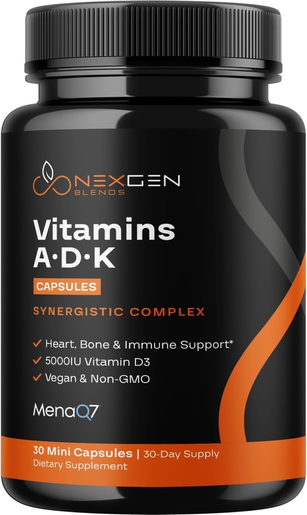 Absorpsi Tinggi ADK Vitamin Suplemen - Vegan Vitamin D3 MK7 & A untuk Regulasi Kalsium Plus Sake Heart Thyroid & Imune ADK - Vitamin ADK dengan 5000IU D3 Non GMO & Gluten Bebas (1 Bulan)