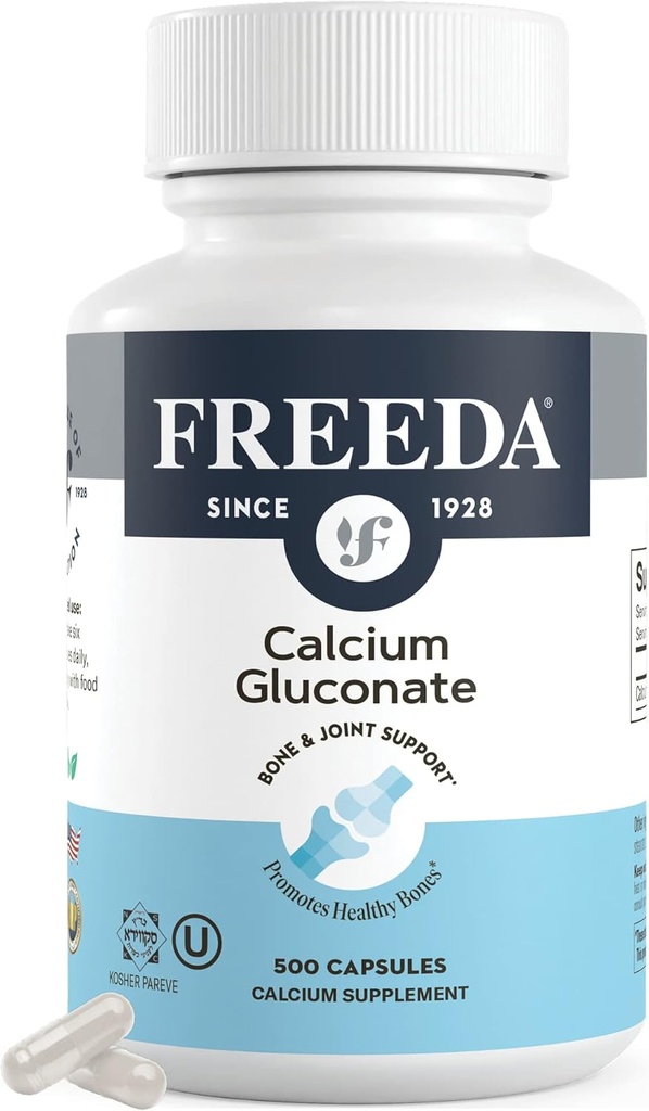 Freeda Calcium Gluconate - Kosher Vegan Calcium Suplement - Easy to Digest & Absorb - Supports Bone Power - Pure Calcium D - (500 Kapsul)