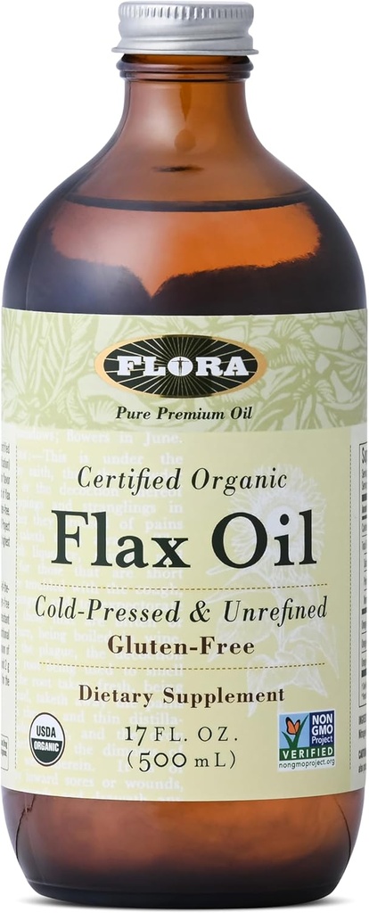 Flora - Flax Oil - Cold- Press, Unfused, Organic Flax Seed Oil - mengandung Omega-3 & Omega- 6 - Non-GMO & Glten- Free - Keep Chilled - 17 fs. oz.
