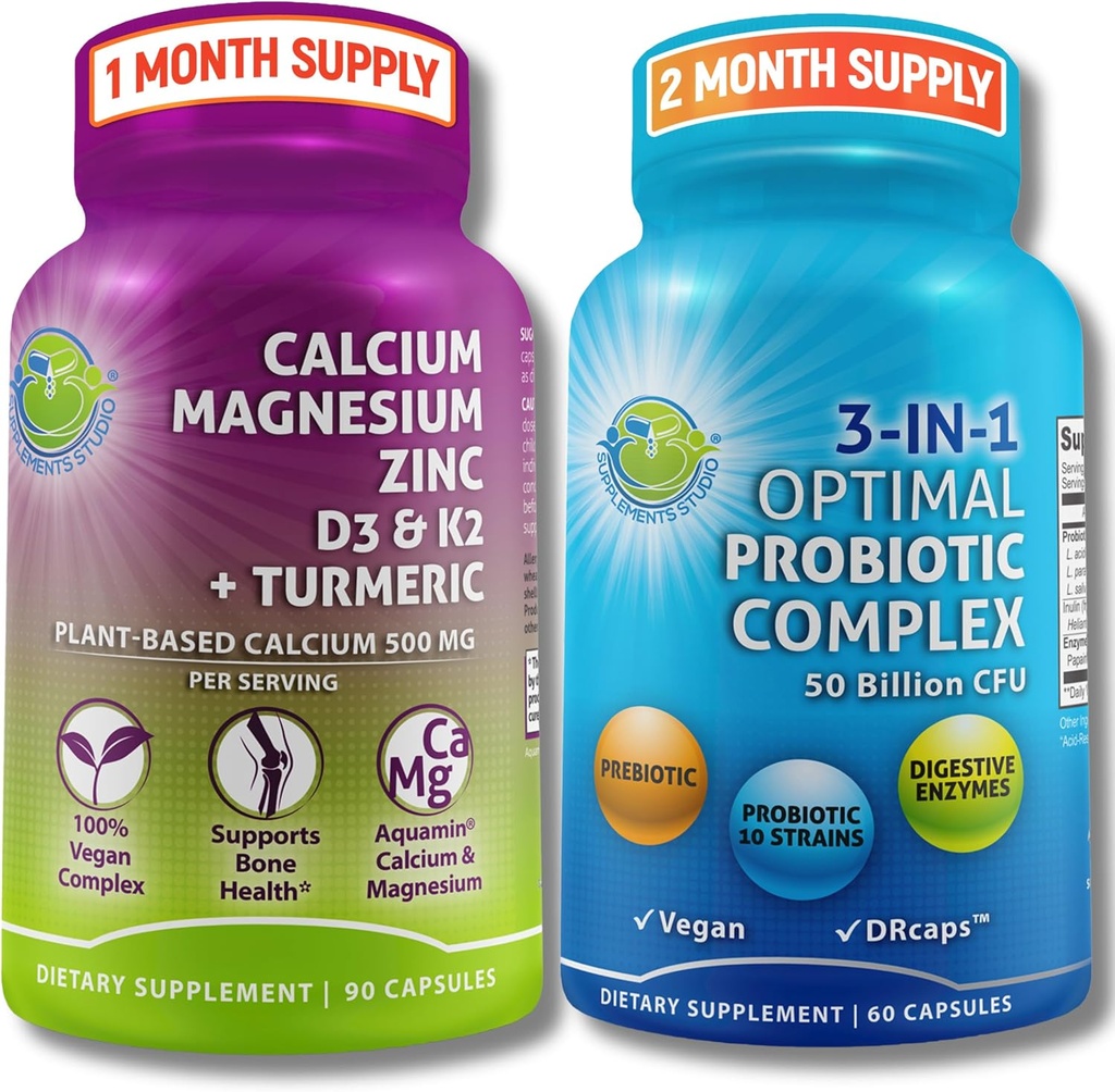 Bone Health & Gut Dukung Bundle - 3-in- 1 Probiotic 50 Milion CFU, Prebiotic and Digetical Enzymes + Plant- Based Calcium, Magnesium, Zinc, D3, K2 & Organic Turmeric - Vegan, Non-GMO, Clean Label