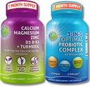 Bone Health & Gut Dukung Bundle - 3-in- 1 Probiotic 50 Milion CFU, Prebiotic and Digetical Enzymes + Plant- Based Calcium, Magnesium, Zinc, D3, K2 & Organic Turmeric - Vegan, Non-GMO, Clean Label