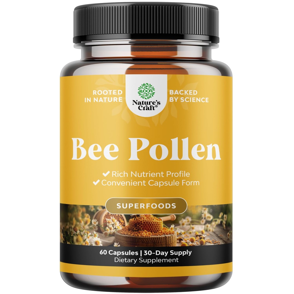 Bee Pollen Pills for Breast Growth 60 Ct - Bee Pollen Suplement 1000mg Serving with Alami Occurring B Vitamin Minezymes & Enzymes - Breast Suppport - Vegetarian Non-GMO & Gluten Free