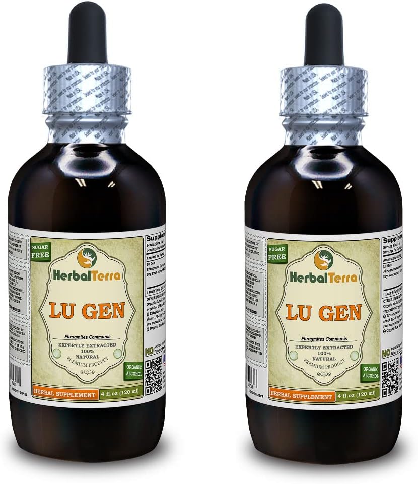 Lu Gen, Reed (Phragmites Communis) Tincture, Dried Root Liquid Extract (Brand Name: HerbalTerra, Proughtly Made in USA) 2x4 f.oz (2x120 ml)