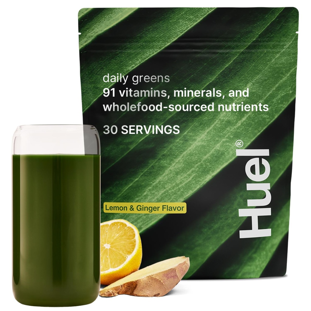 Huel Daily Greens Lemon & Ginger 124; Superfood Greaders Powder 124; 91 Vitamin, Minemins, dan Wholegs-Soured Ingregents 124; Adaptogens, Antioksidants, Gut- Frid Progories 12430