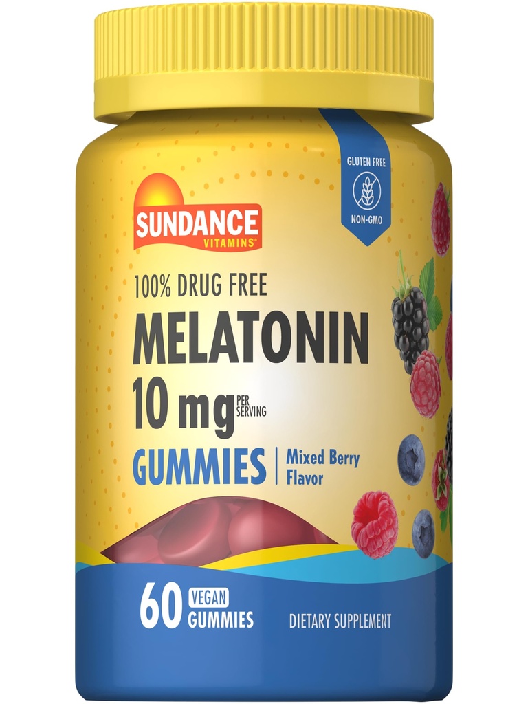 Sundance Meltonin 10mg Gummies untuk Dewasa 124; 60 Count 124; Mixed Berry Flavor 124; Vegan, Non-GMO, dan Gluten Free Suplemen