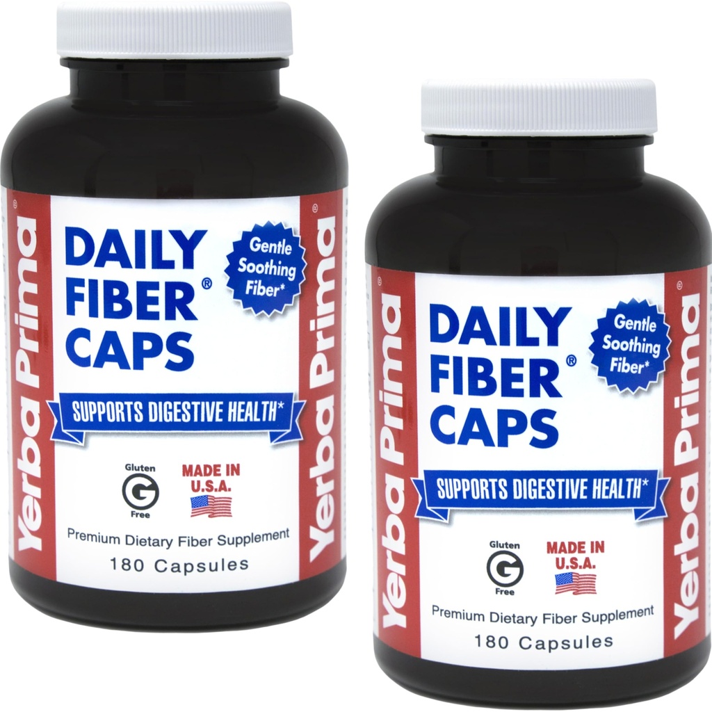 Yerba Prima Daily Fiber Formula - 180 caps (Paket 2) - Soluble & Impolble Dietary Fiber Suplement - Colon Cleanse - Gut Health - Vegan, Non-GMO, Gluten- Free