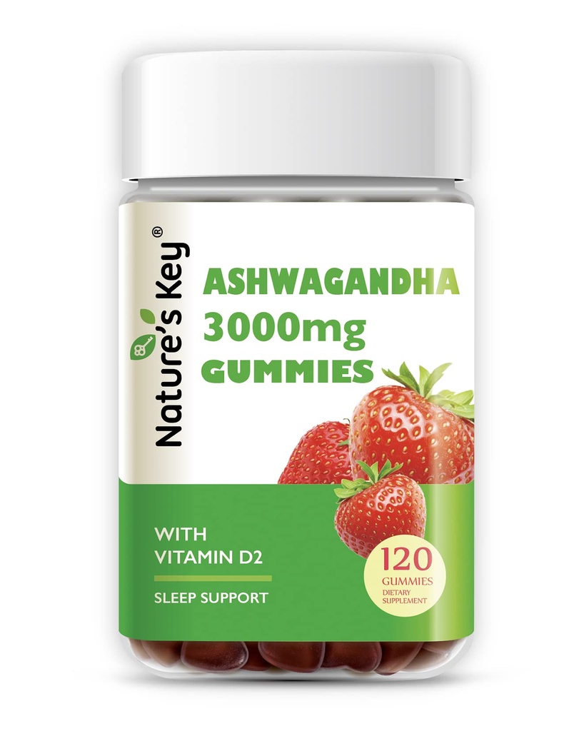 Nature 's Key Ashwagandha Gummies, Potency Ashwagandha Root Extract with Vitamin D2, for Men & Women, Stress, Calm Mood & Cognition, Strawberry Flavor (120 Count (120 Count)