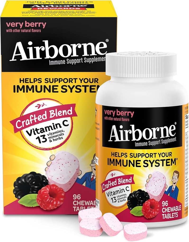 Airborne 1000mg Vitamin C Chewable Tablet dengan Zinc, Suplemen Dukungan Imune dengan powerful Antioksidants Vitamin A C & E - 96 Cable Tablets, Very Berry Flavor