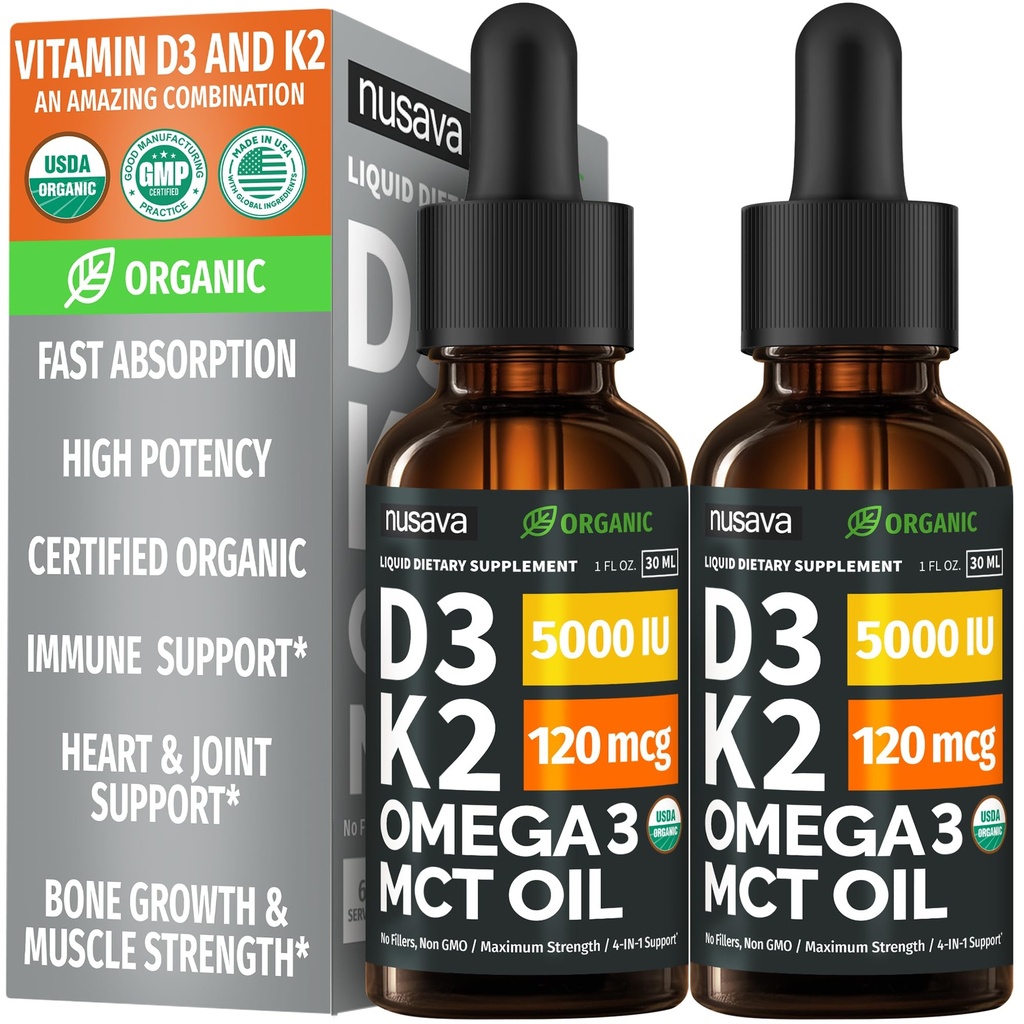 (2 Pack) Organik Vitamin D3 K2 Drops with MCT Oil Omega 3, 5000 IU - Liquid D3, No Fillers, Non-GMO, Immune Support (Unflaired, 2 Fl Oz)