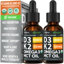 (2 Pack) Organik Vitamin D3 K2 Drops with MCT Oil Omega 3, 5000 IU - Liquid D3, No Fillers, Non-GMO, Immune Support (Unflaired, 2 Fl Oz)