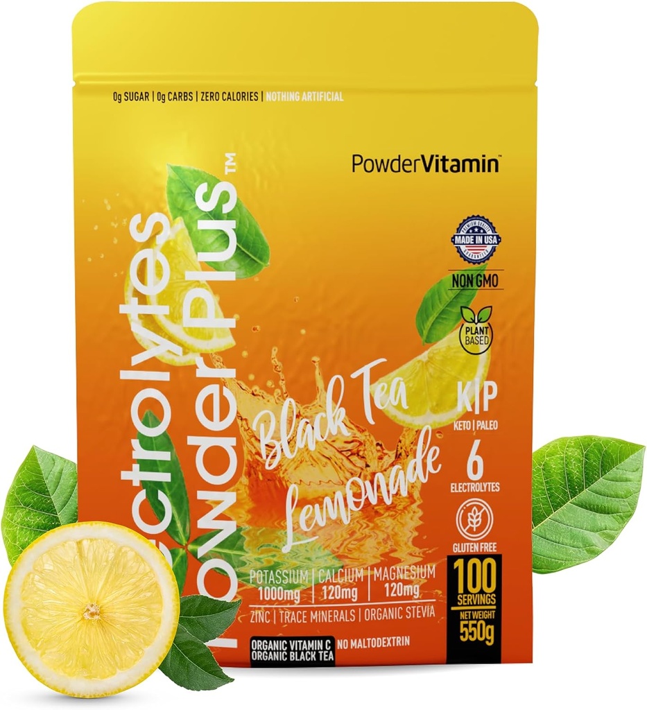 Powdin Electrolytes Powder Plus (100 pelayan) Black Tea Lemonade Electrolite Powder Zero Calorie Keto, 0 Sugar, No Maltodextrin, 1000mg Potasium, 120mg Calcium, 120mg Magnesium, Hidration Powder