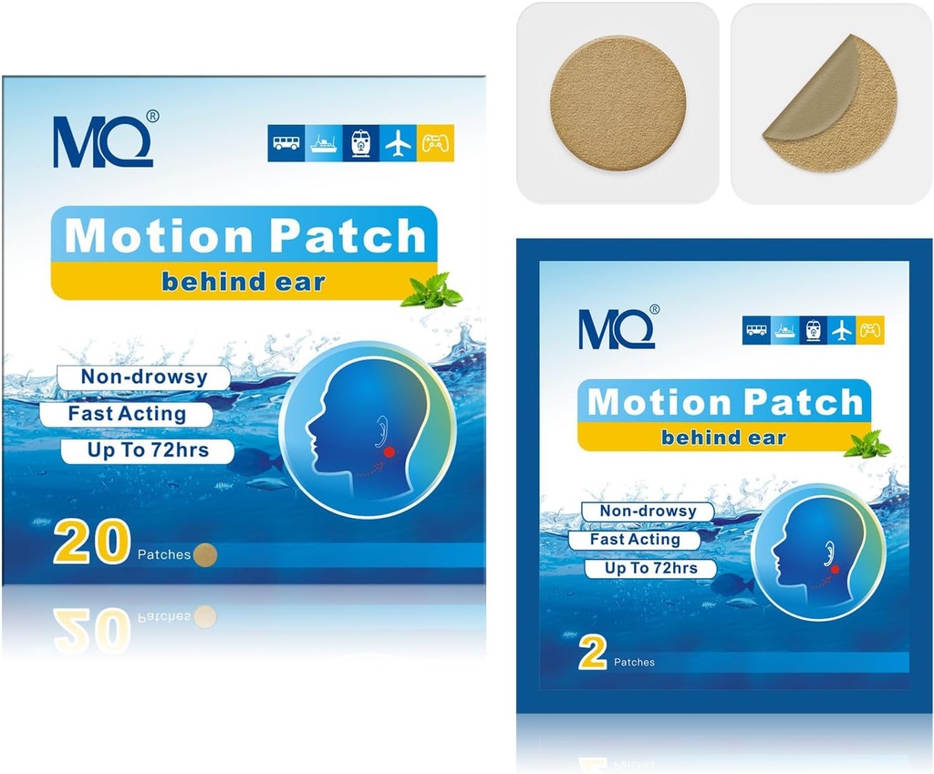 MQ 20ct Motion Sickness Patches, Medium Color, Sea Sickness Patches Non Drowsy & Waterproof, Cruise Ship Travel Estials, Fast Acting & Long Lasting 72H