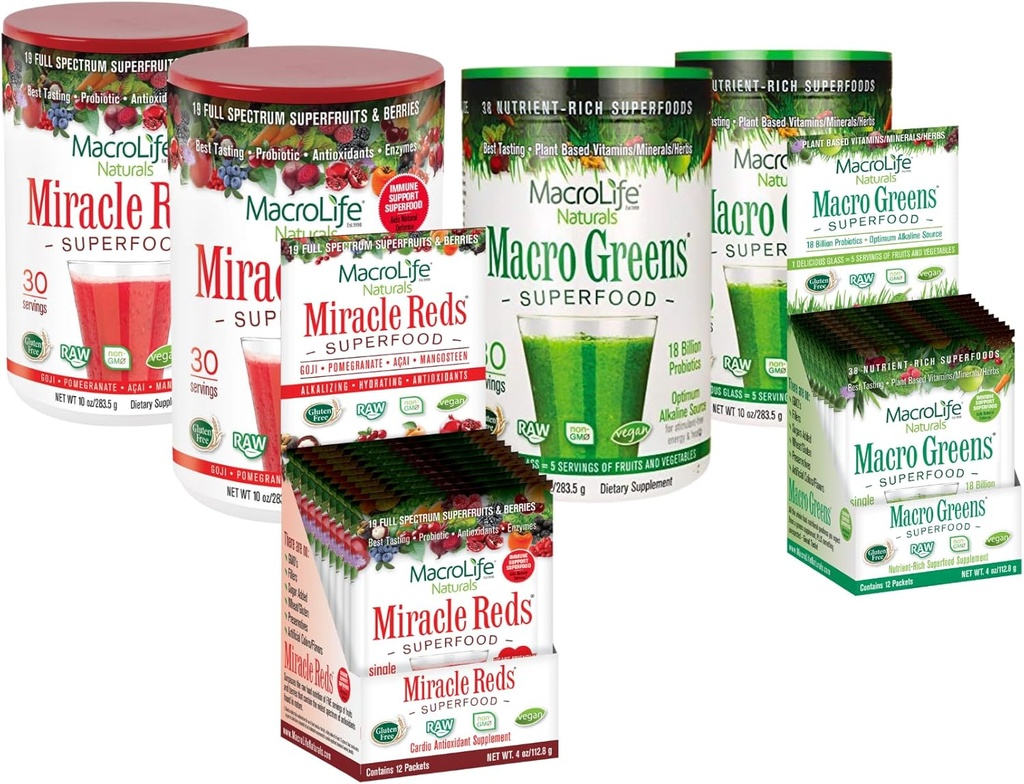 MacroLife Survivor 6-Count Bundle, 2 Macro Greens 10oz + 1 Packet Box (12ct), 2 Miracle Reds 10oz + 1 Packet Box (12ct)