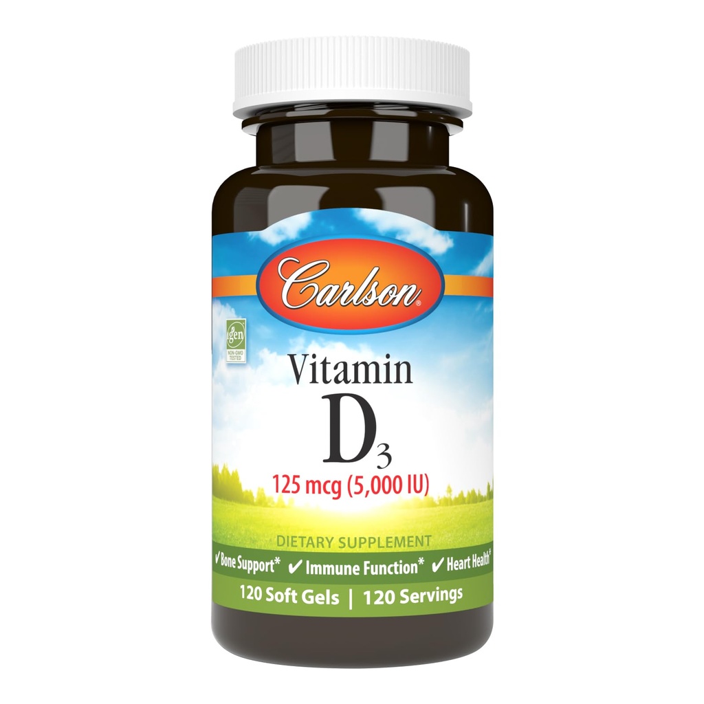 Carlson - Vitamin D3 5000 IU (125 mcg), Bone Health, Muscle Health, Cholecalferol, Vitamin D Suplemen, Vitamin D3 Soft Gels, 120 Softgels