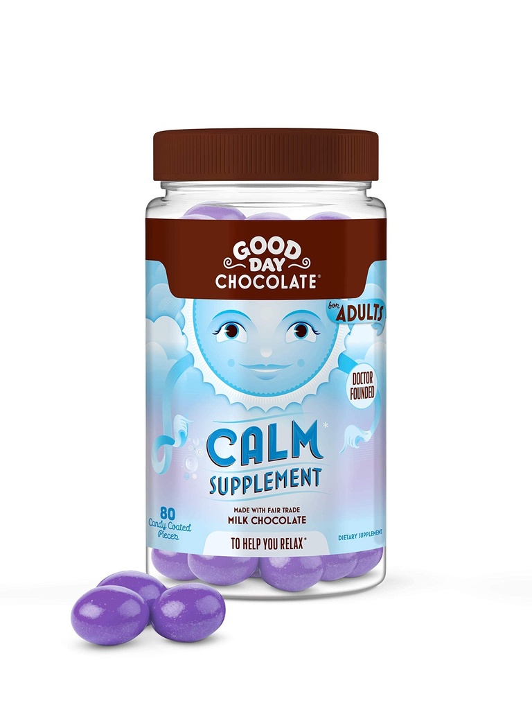 Good Day Chocolate Natural Calming Supplement for Adules, Blend of Camomile, Theanine, Magnesium, Fair Trade dan Non-GMO Chocolate, 80 Pieces