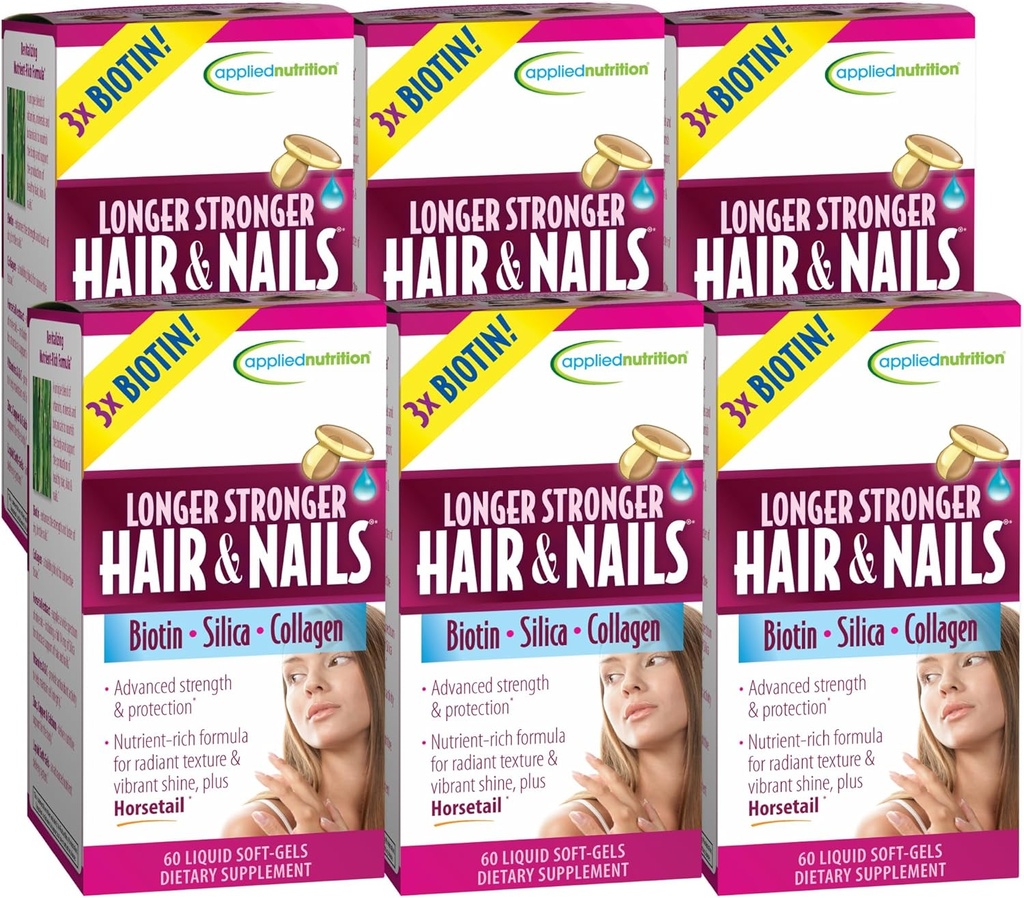 Applied Nutition Longer Stronger Hair & Nails - 60 Liquid Soft- Gels, Pack of 6 - Biotin, Silica & Collagen - 180 Servings