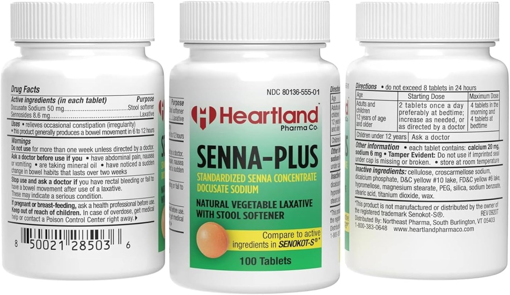 Senna- Plus Natural Vegetable Sennoide Laxative 124; Natural Vegetable Laxative 124; Gentle Overnight Relief; Docucate Sodium Stool Softtener 124; 100 Tablet