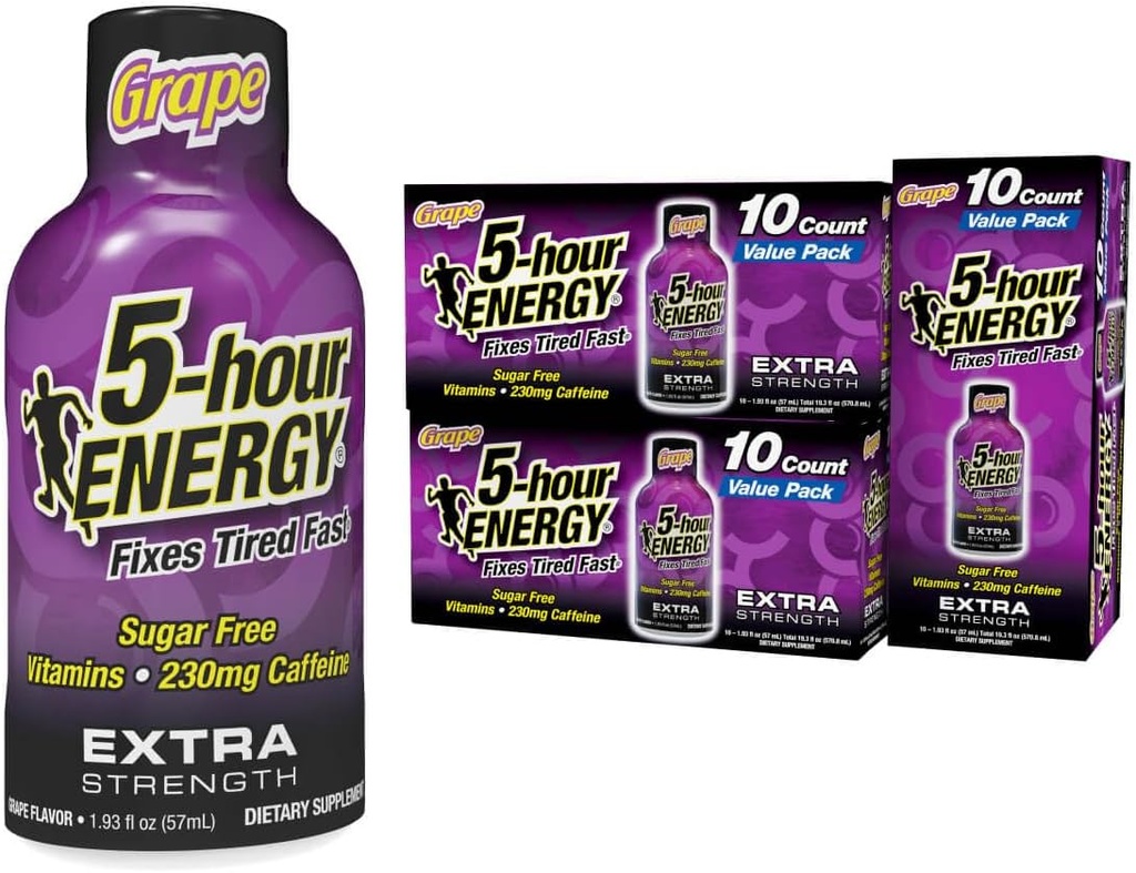 5-hour ENERGY Extra Energy Shot, Grape Flavor, 30 Count, 1.93 oz., Zero Calories & Sugar-Free 230 mg Caffeinated Energy Shot, Amino Acids & B Vitamin, Dietary Suplemen
