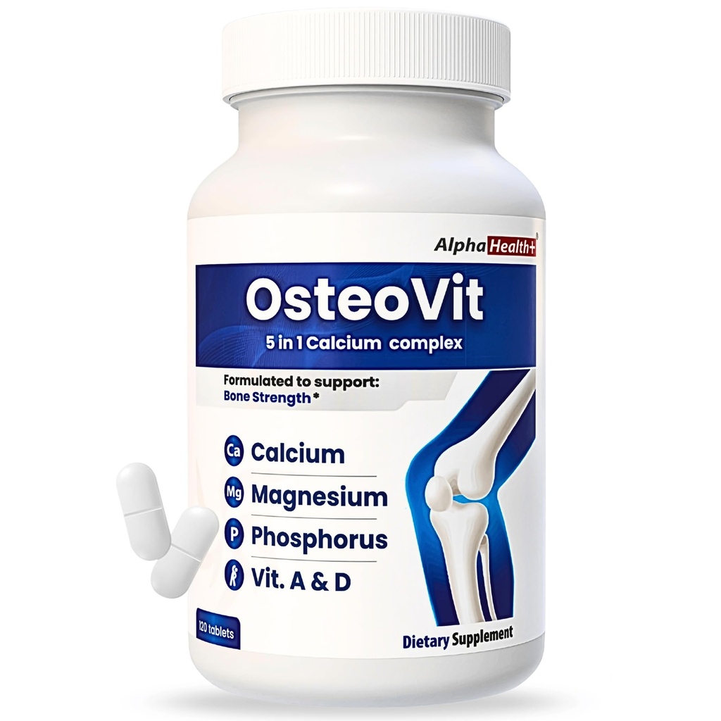 OsteoVit 5-in- 1 Kalsium 120 tab Multivitamin: Kalsium, Magnesium, Phosfor, Vitamin D3 & A - Bone Strength & Fleksibility *, Non- GMO Gluten Free 124; Calcium Suplemen Perempuan & Men with Vitamin D