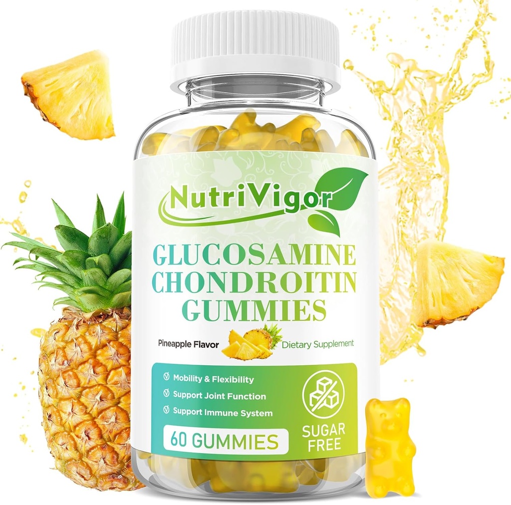 Glucosamin Chondroitin Gummies, Tambahan Dukungan Bersama Dengan MSM & Elderberry, Antioksidant Imune Dukungan untuk Dewasa, Pineapple Flavor, 60 Count