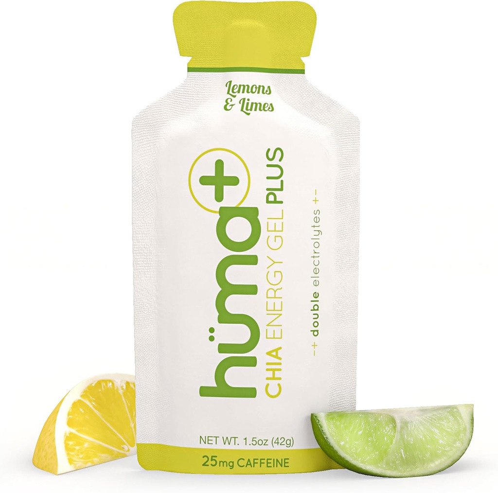 Huma Plus (Double Electrolites) - Chia Energy Gel, Lemon Lime, 24 Gels, 25mg Caffeine - Stomach Friendly, Real Food Energy Gels