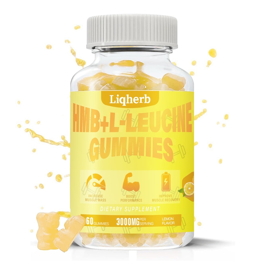 HMB and Leucine Gummies, with 3000mg HMB and L-Leucine Suplement for Muscle Recovery, Muscle Mass & Improve Endurance, for Men & Women, Non GMO, Vegan, Gluten Free, Lemon Flavor, 120 Guines