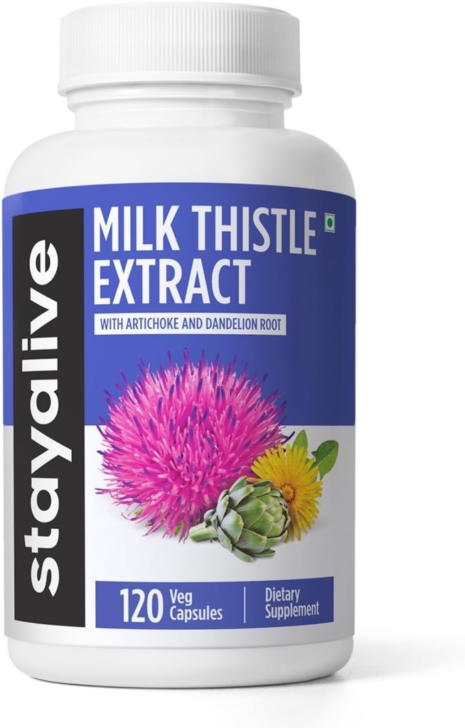 STAY ALVE Milk Thistle Suplement with Dandelion Root and Artichoke Extract, 80% Silymarin Complex, 120 Pil, 100% Pure Artichoke Extraction Powder, Non-GMO & GlFF-Free Herbal Capsules