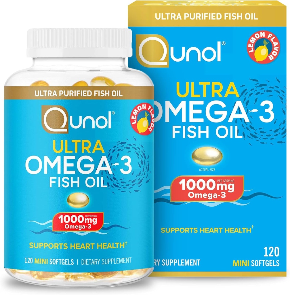 Qunol Omega 3 Fish Oil Mini Softgels, 10000mg Ultra Pure Fish Oil, Heart Health Support, Omega 3 DHA Suplemen, Lemon Flavor, 2 Pasokan Bulan, 120 Count