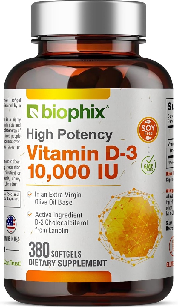 biophix Vitamin D-3 10.000 IU 380 Softgels - Tinggi-Potency dalam Extra Virgin Olive Oil None-GMO Soy- Free Supports Strong Bones Ammune Health