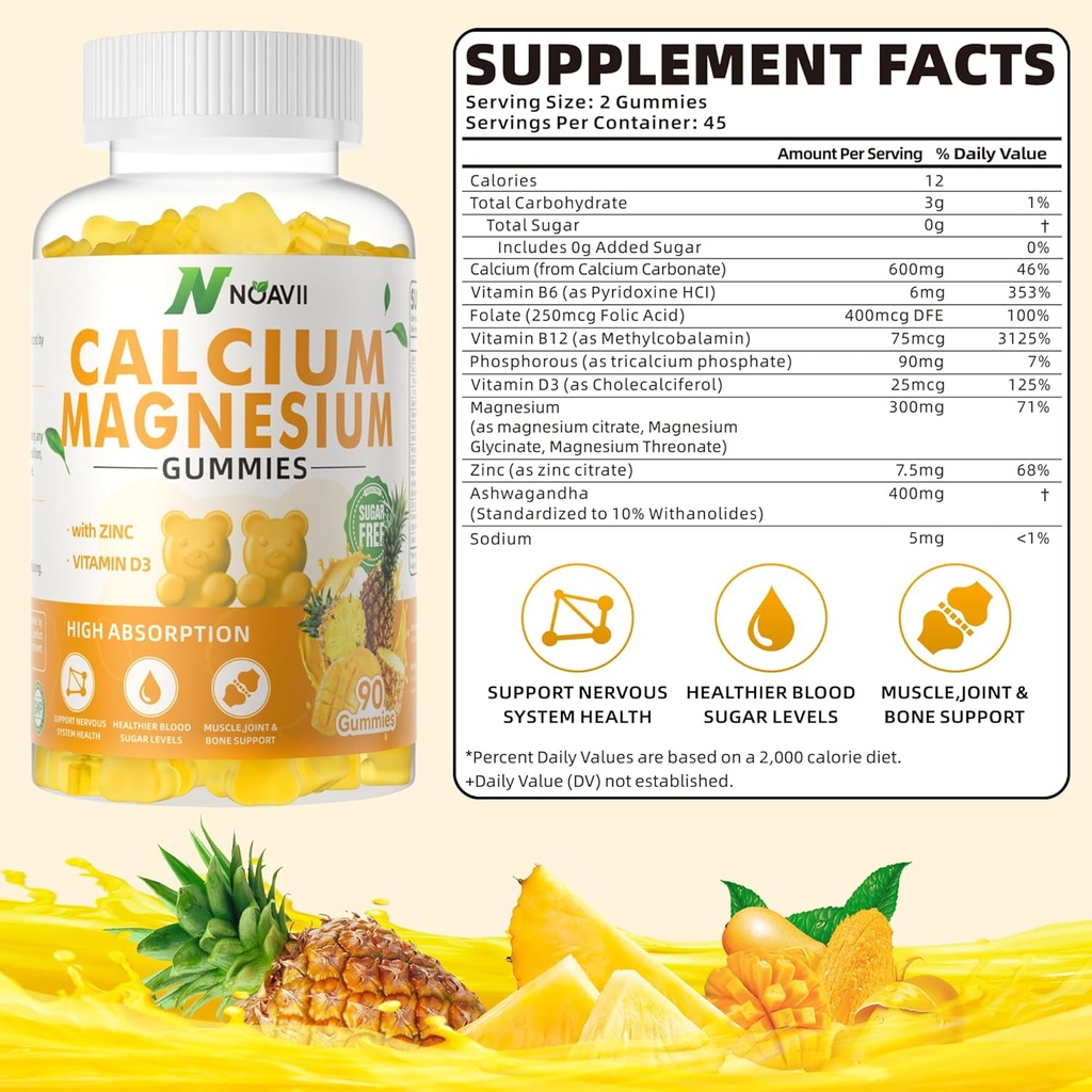 Kalsium Magnesium Zinc Gummies dengan Vitamin D3, ashwagandha Suplemen - Potensi Tinggi Enhanced Absorpsi - Pineapple Flavor- 90 Count