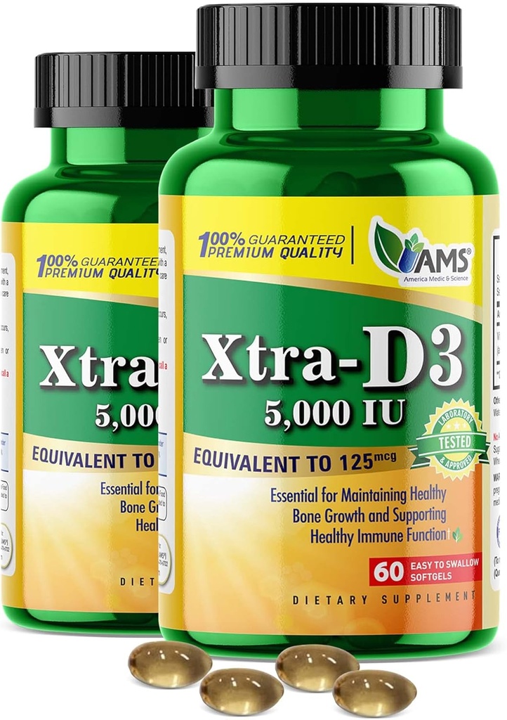 Amerika Medic & Science Xtra D3 Vitamin D 5.000 IU (125 mcg) Tambahan Cholecalferol untuk Pria & Women (120Easy to Swallow Softgels) 2pack = 24; Best for Bone, Heart Health, Immune System Dukungan, Lung Fungsi