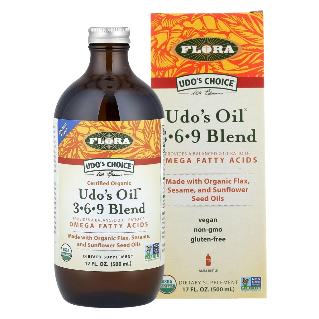 Flora Udo 's Oil 3-6-9 Blend - Vegan Omega -3 & Omega-6 Oil - Berisi Oil Organik Coconut, Flax Seed Oil & More - Jauhkan Chiled - 17 fs. oz.