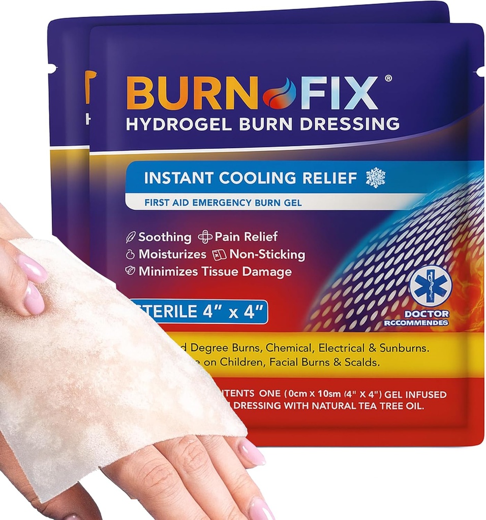 BurnFix ® Burn Gel Pads 4x4 Hydrogel Dressing - Hot Sink ™ Technology - Sterile with Tea Tree Oil - Instant Cooling for Sunburn, Kitchen, Chemical Burns - Non-Stick First Aid, Safe for Face & Kid (2)
