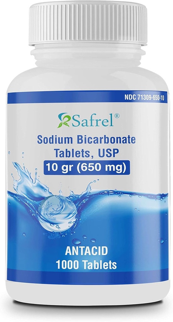 Safrel Sodium Bicarate Antimacid 650 mg (10 Grain) 1000 Tablets 124; untuk Relief of Acid Indibubble, Heartburn, Sour Stomach & Upset Athomach 124; Value Savings Pack