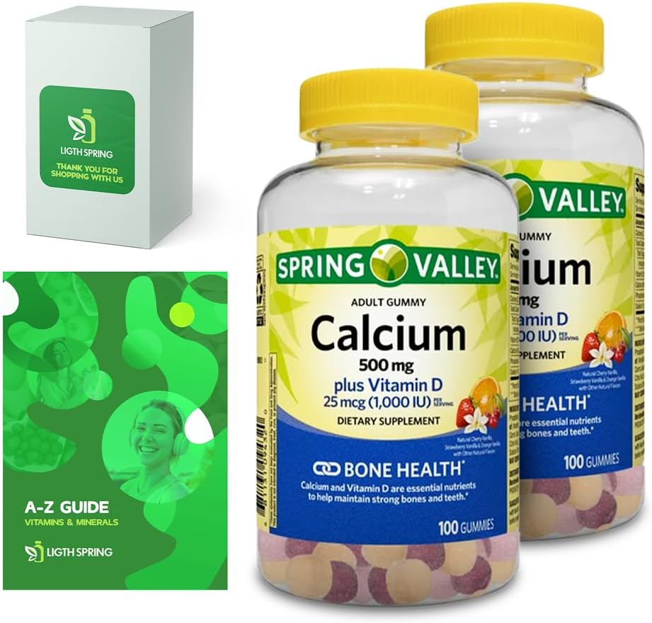 Kalsium Plus Vitamin D, Gummies Dewasa, 500mg, 1000 IU, Flavors Terencana, 100 Ct (2 Pack) Bundle dengan Vitamin Exclusive & Minemin- A ke Z - Lebih baik Light & Spring Guide (3 Items)