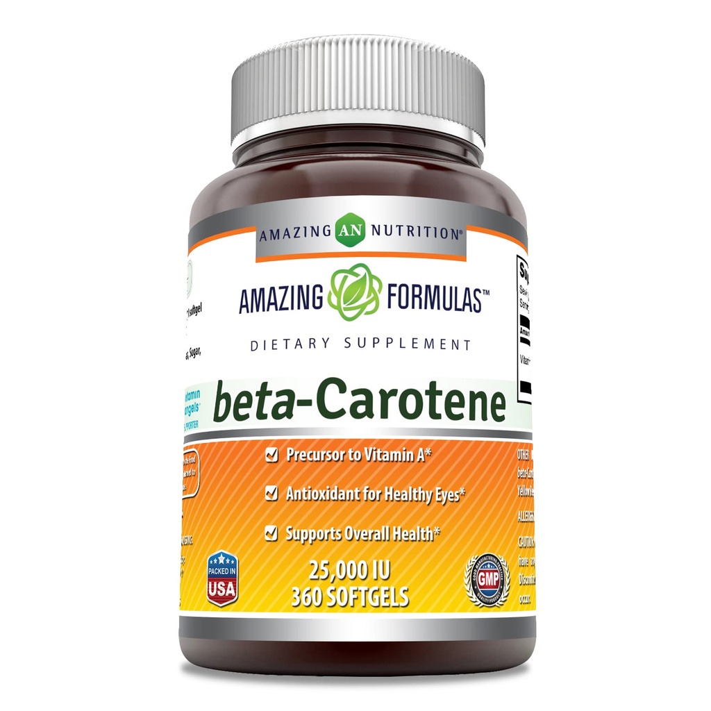Amazing Formulas Beta Carotene Suplemen 124; 25000 IU 124; 360 Softgels 14; Non- GMO 124; Gluten- Free 124; Dibuat di AS
