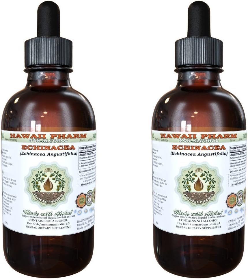 Echinacea Alcohol- Free Liquid Extract, Echinacea (Echinacea Angustifolia) Root Kering Glycerite Hawaii Pharm Natural Herbal Supplemen 2x4 oz