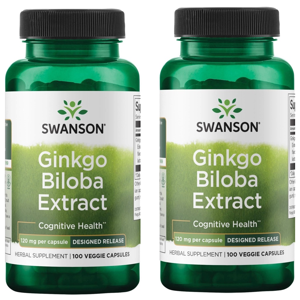 Swanson Ginkgo Biloba Extract Standared- Delayed- Rilis Memory Brain Cognitive Fungsi Support 120 mg (24% rasa glikosida, 6% Terpene laktones) 100 Veggie Drcaps (2 Pack)