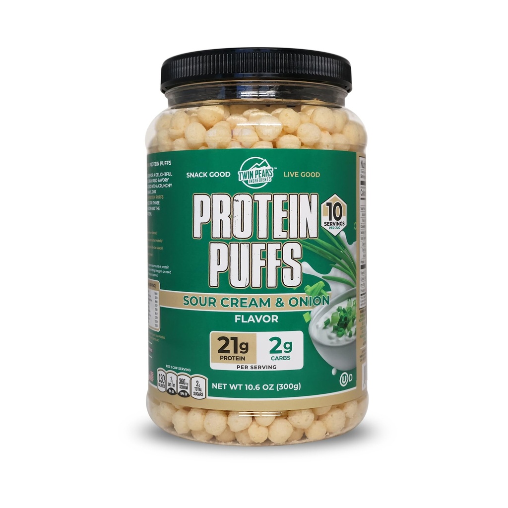 Twin Peaks Protein Puffs - (Sour Cream & Onion), Keto Friendly, Low Carb Snack (300g, 21g Protein, 2g Net Carbs, High Protein, Crunchy Snack sehat)