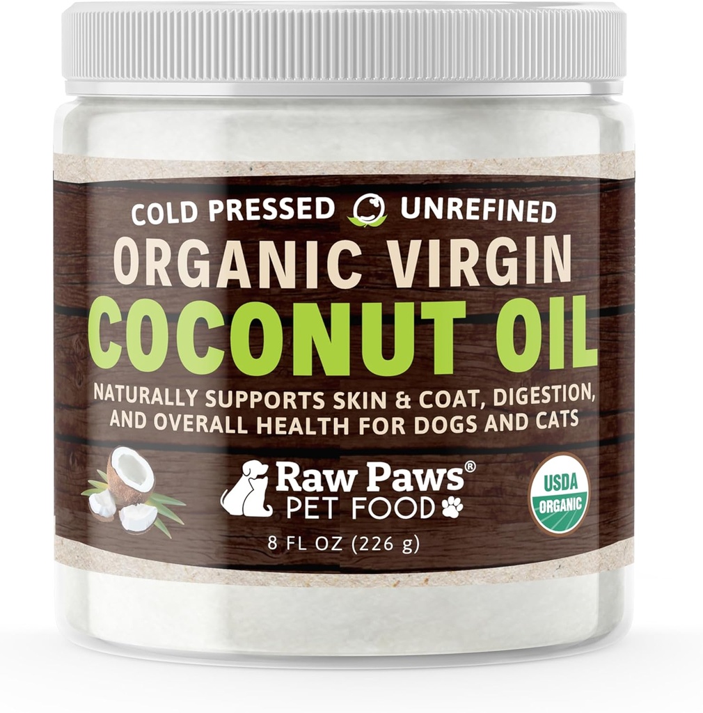 Raw Paws Organic Virgin Coconut Oil for Dogs & Cats, 8-oz - Support Immune System, Dibush, Oral Health, Thyroid - All Natural Allergy Relief for Dogs - Hairball Relief