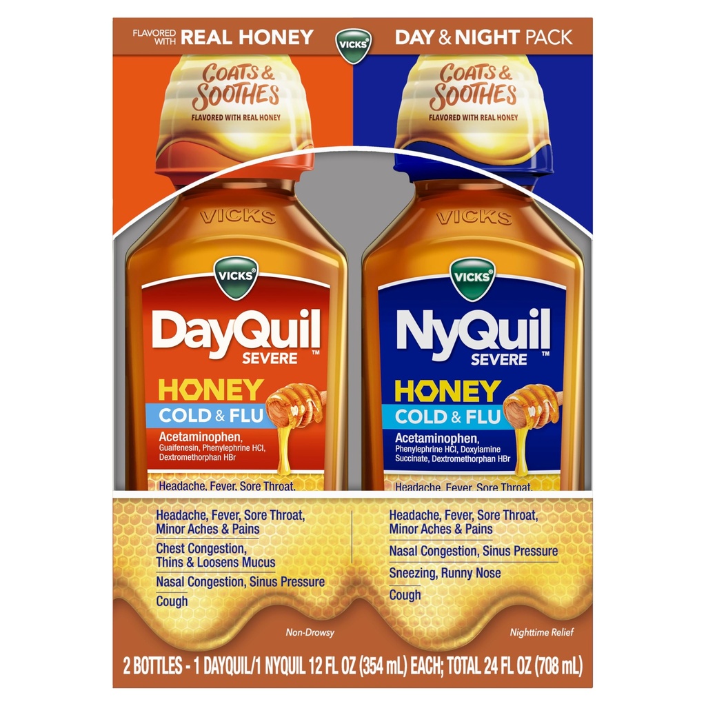 VICKS DayQuil & NyQuil Seveny Honey Flavor Co-Pack, Cold & Flu Medicine, Relieves Headache, Fever, Sore Throat, Minor Aches & Pains, Nasal Conbuble, Sinus Pressure, Stuffy Nose, dan Cough, 2x12oz