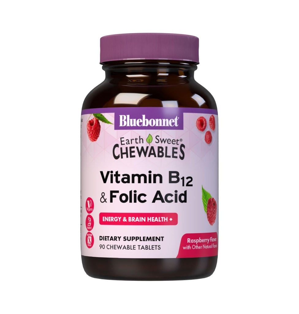 Nutrition BlueBonnet Earth Sweet Vitamin B12 & Folic Acid Chewable Tablet, SoyFree, Gluten- Free, Raspberry 90 Count (Paket 1)