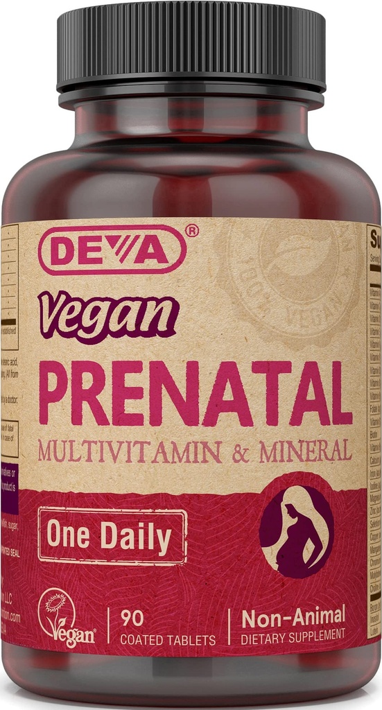 DEVA Vegan Prenatal Multivitamin dan Mineral Suplemen - Satu hari Formula-Permula - Vitamin A, C, D, E, K, Kompleks B, dengan Falate & Chlated Besi - 90 tablet berkode, 1 - Pack