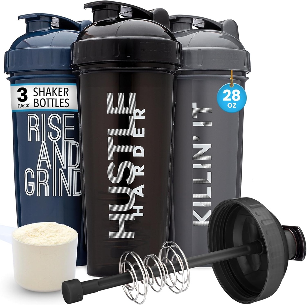 GOMOYO [3- Pack] 28- Ounce Shaker Bottle dengan Aksi - Rod Mixer 124; Protein Botol dengan Quotes Motivasional; Shakers for Protein Shakes adalah BPA Bebas dan Dishwasher Aman 124; Perak, Biru & Hitam